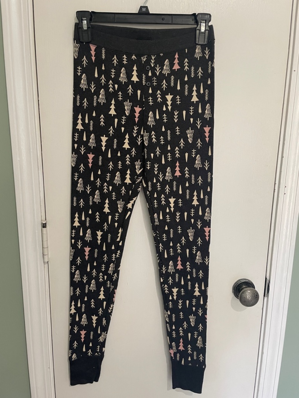 Old Navy charcoal thermal pants with Cream and Pink Tree Print
